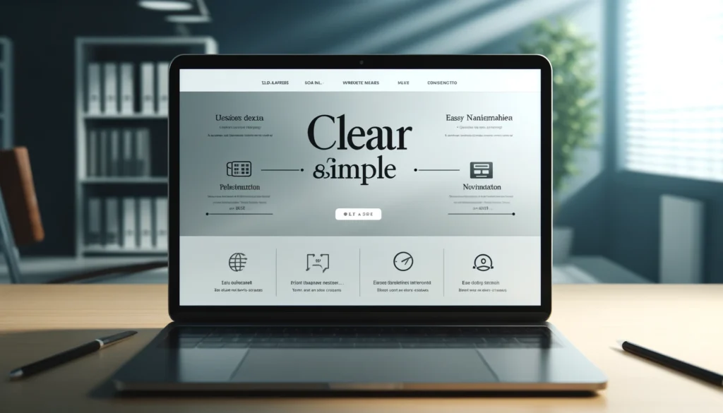 ラップトップ画面に表示されたクリアでシンプルなウェブサイトデザイン。ユーザーフレンドリーなインターフェース要素が特徴で、大きく読みやすいフォント、簡単なナビゲーションメニュー、直感的なレイアウトが含まれています。この設計は、モダンなオフィス環境での快適で効率的なユーザー体験を強調しており、プロフェッショナルで洗練された外観が表現されています。