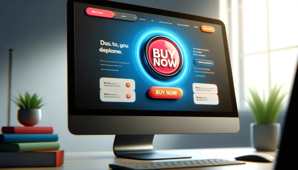 デスクトップコンピュータの画面に表示されたモダンなインタラクティブなウェブサイトインターフェース。画面中央に鮮やかな色の「今すぐ購入」コールトゥアクションボタンが配置され、注目を集めています。周囲のウェブページ要素はCTAボタンの視認性を高めるように控えめに調整されており、プロフェッショナルでビジネス指向のウェブサイトを示唆しています。